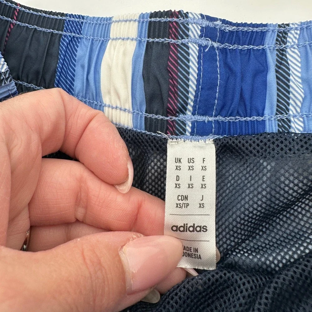 Adidas Mens Swim Trunks XS Blue‎ Pink Striped Mesh Lined Drawstring Shorts Surf